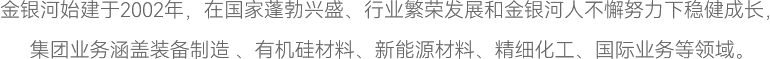 金銀河始建于2002年，在國(guó)家蓬勃興盛、行業(yè)繁榮發(fā)展和金銀河人不懈努力下穩(wěn)健成長(zhǎng)，
集團(tuán)業(yè)務(wù)涵蓋裝備制造 、有機(jī)硅材料、新能源材料、精細(xì)化工、國(guó)際業(yè)務(wù)等領(lǐng)域。